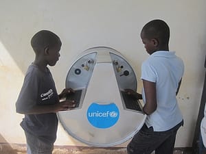 Pupils use the digital drum at Bardege ICT Center